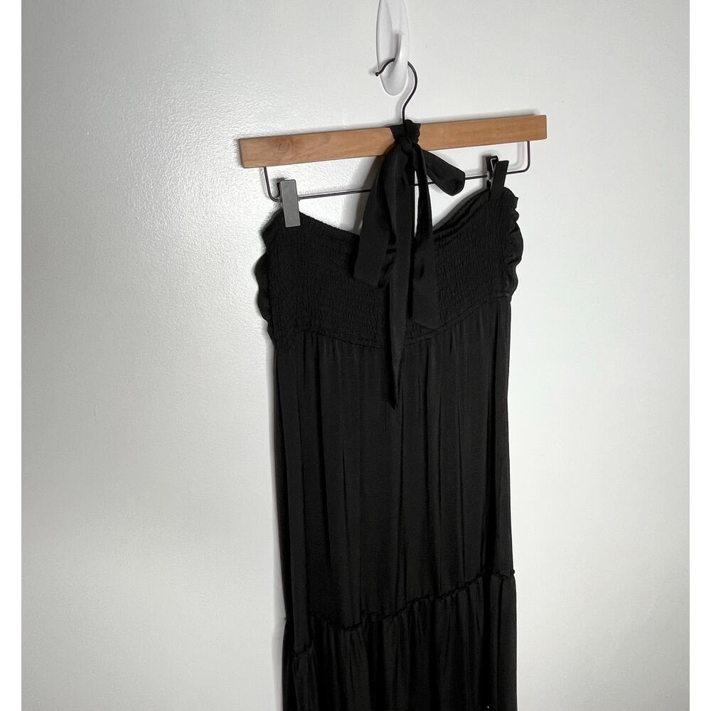 Hale Bob Halter Maxi Dress Small Black Satin Tiered Crochet Detail Smocked - Picture 5 of 6